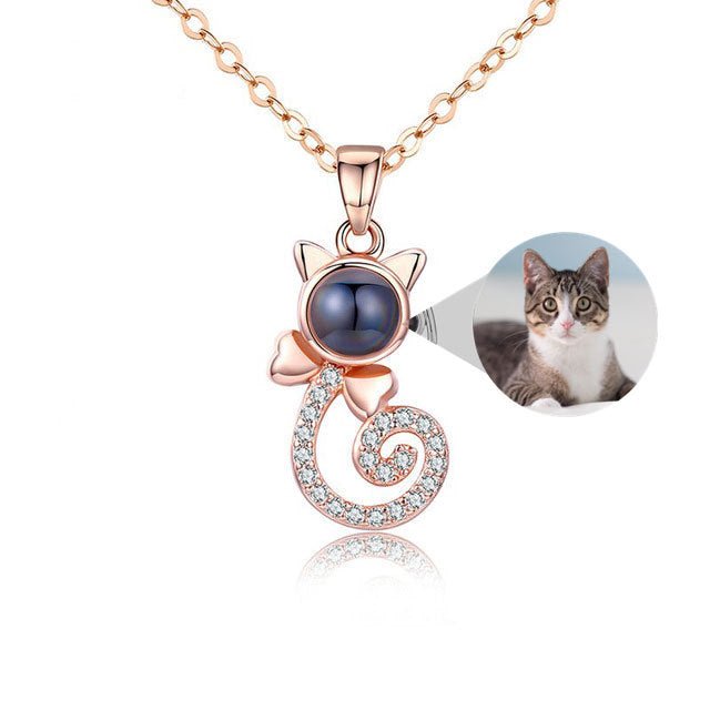 Diamante Cat Shaped Personalised Photo Necklace - 925 Sterling Silver - Treasured Forever