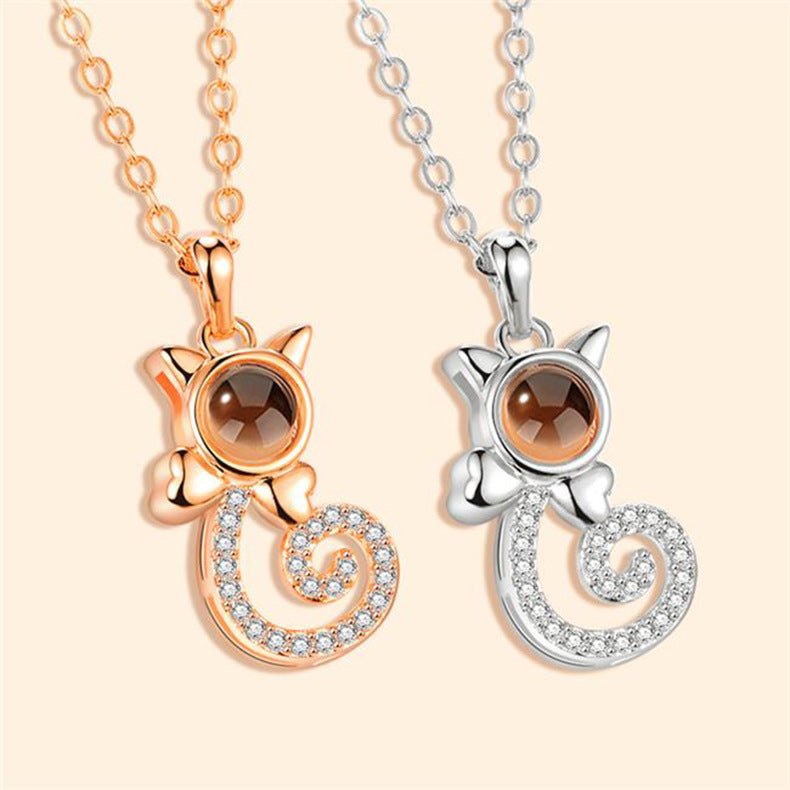 Diamante Cat Shaped Personalised Photo Necklace - 925 Sterling Silver - Treasured Forever