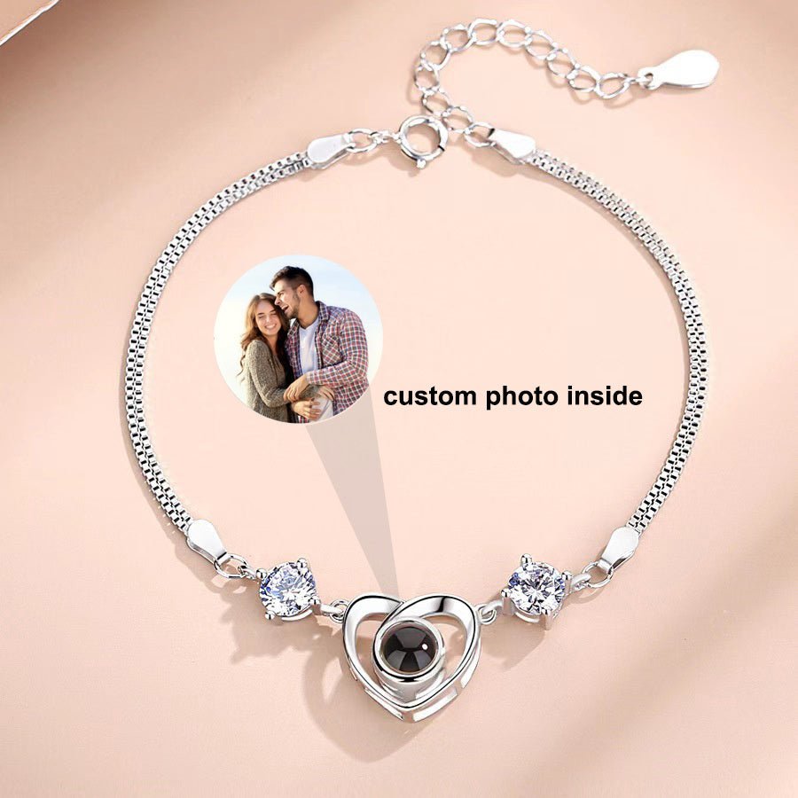 Diamante Heart Shaped Personalised Photo Bracelet - 925 Sterling Silver - Treasured Forever