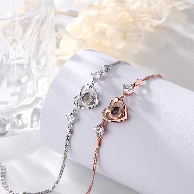 Diamante Heart Shaped Personalised Photo Bracelet - 925 Sterling Silver - Treasured Forever