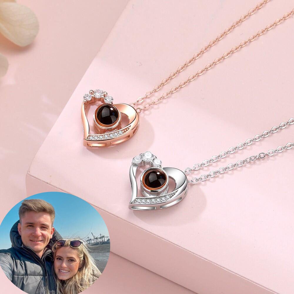 Diamante Heart Shaped Personalised Photo Necklace - 925 Sterling Silver - Treasured Forever