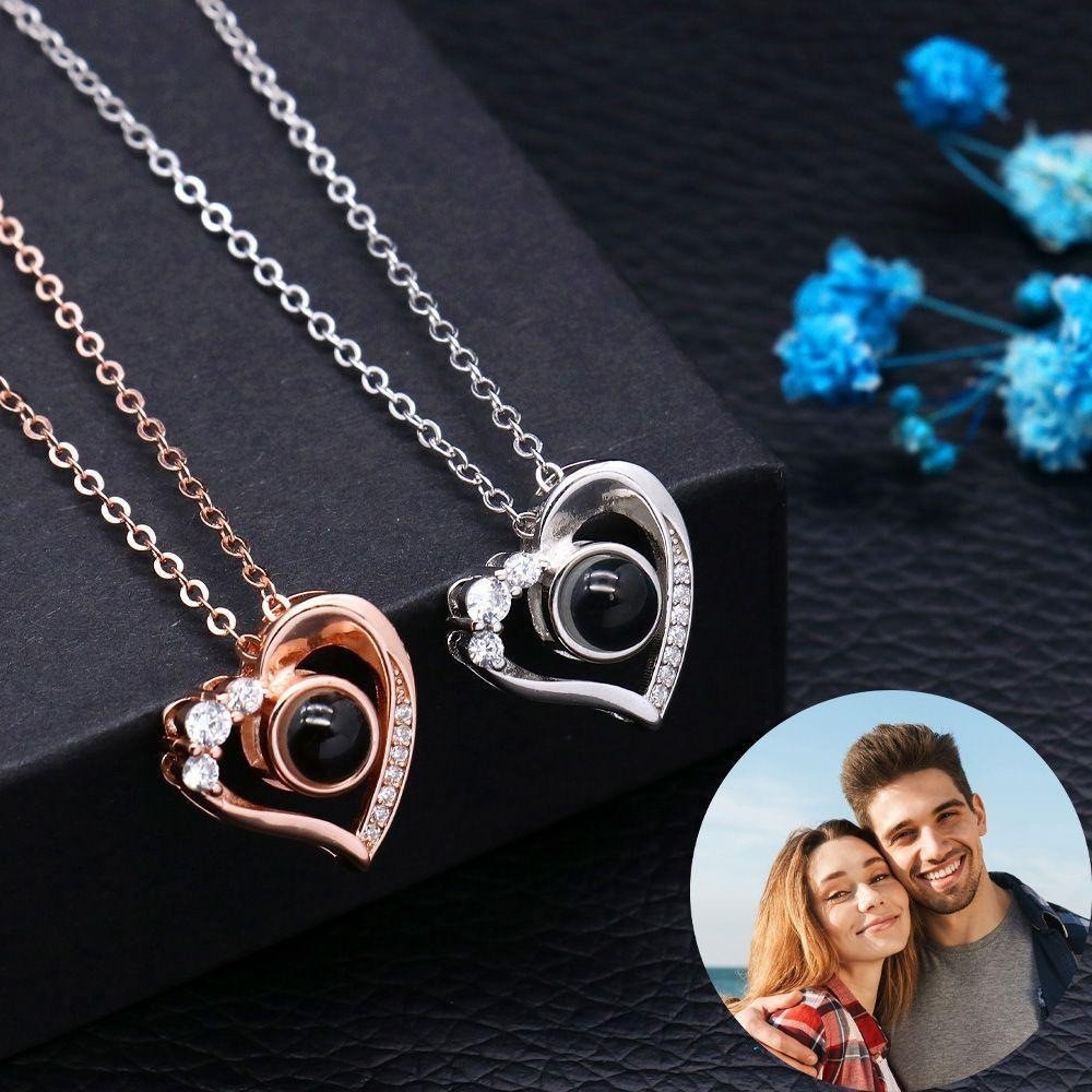 Diamante Heart Shaped Personalised Photo Necklace - 925 Sterling Silver - Treasured Forever