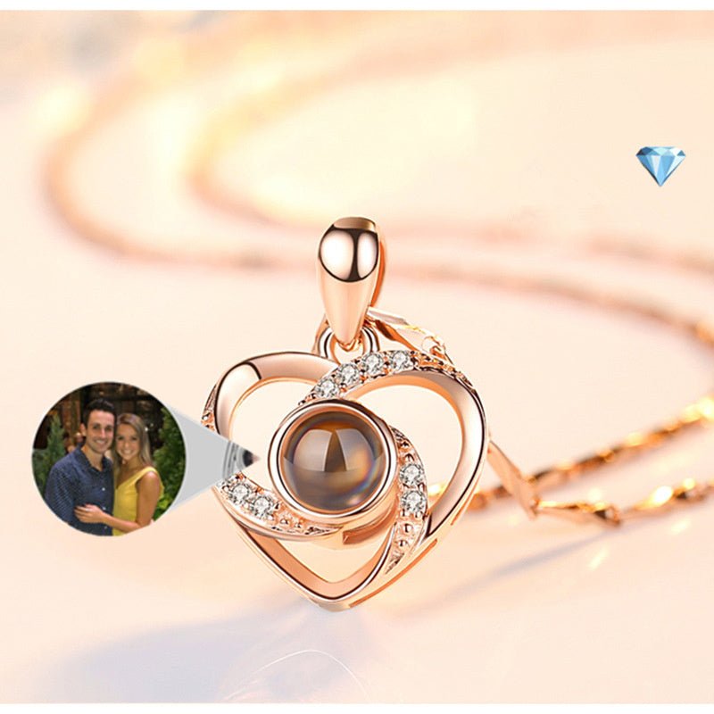 Diamante Heart Shaped Personalised Photo Necklace - 925 Sterling Silver - Treasured Forever