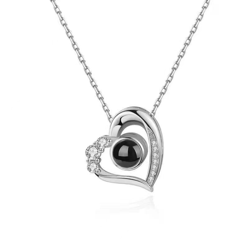 Diamante Heart Shaped Personalised Photo Necklace - 925 Sterling Silver - Treasured Forever