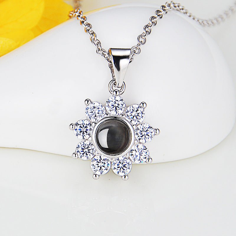 Diamante Personalised Sunflower Photo Pendant Necklace - 925 Sterling Silver - Treasured Forever