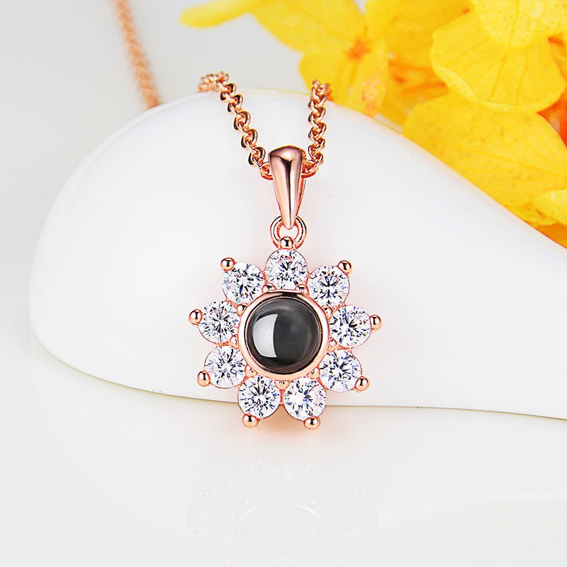 Diamante Personalised Sunflower Photo Pendant Necklace - 925 Sterling Silver - Treasured Forever