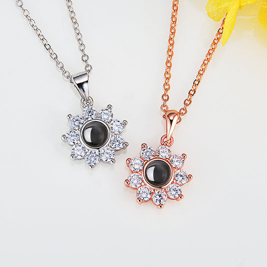 Diamante Personalised Sunflower Photo Pendant Necklace - 925 Sterling Silver