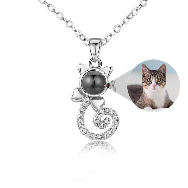 Diamante Cat Shaped Personalised Photo Necklace - 925 Sterling Silver